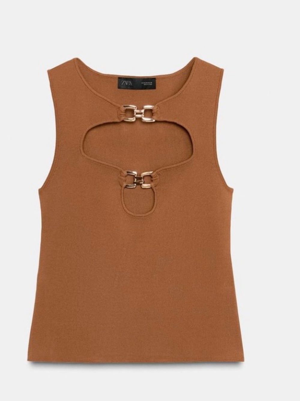 NWT Zara brown chic Cutout going out Top with Gold Ring Details size L